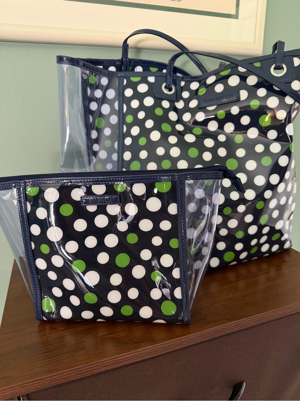Vera Bradley Clear Tote with Navy, White & Green Polka Dot Pouch